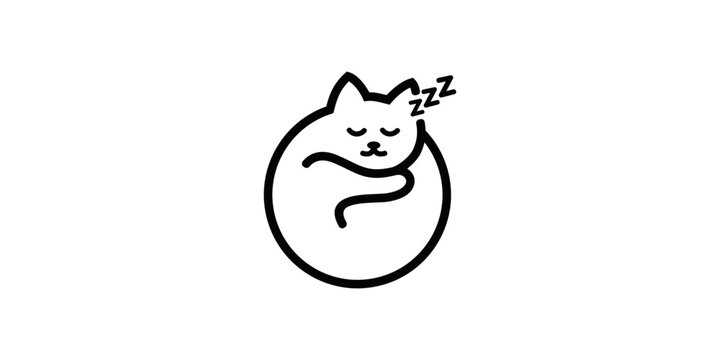 sleeping cat design icon, simple circle logo line style. the cat is asleep