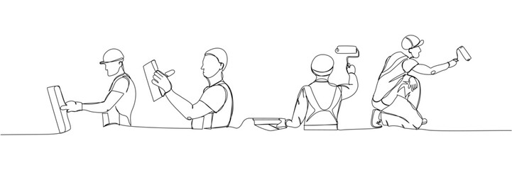 Set of painter paints a wall with a roller, puttying walls, worker in uniform one line art. Continuous line drawing of repair, professional, people, concept, support, maintenance.