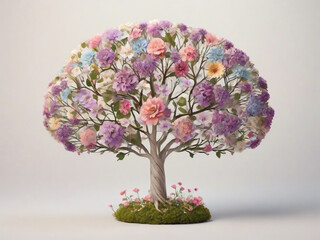 Decorative tree made of colorful flowers on a white background with shadow. Created using generative AI tools
