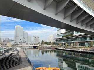 横浜・弁天橋の上から見える大岡川とみなとみらいの街