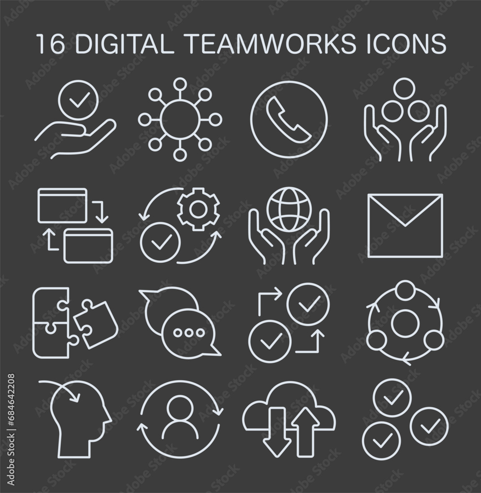 Poster digital teamworks icon set. essential collection for virtual collaboration and online project manage