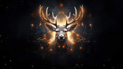 Golden glowing magical stag in dark forest
