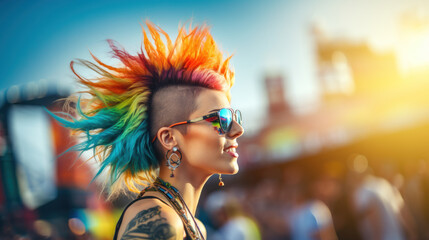 Young female punk with colorful mohawk hairstyle at music festival - obrazy, fototapety, plakaty