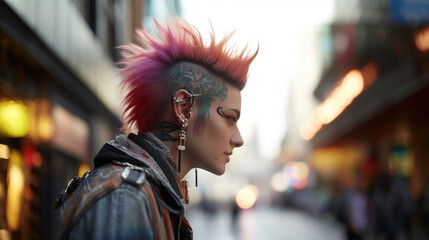 Obraz premium Young female punk with colorful mohawk hairstyle in the street