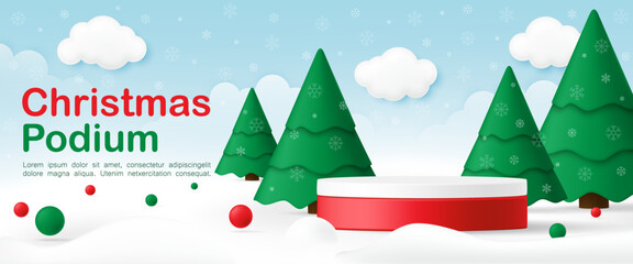 3D Merry Christmas product display cylinder stand podium banner. Happy New Year Xmas tree on snow background for baby online, clothes toy shop, kid fashion discount promotion sale, social media post