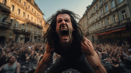 Muscular man raging on the street, shouting aggressively