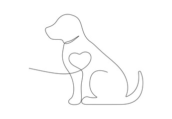 Cute dog continuous one line drawing with heart symbol. Isolated on white background vector illustration. Stock vector. 