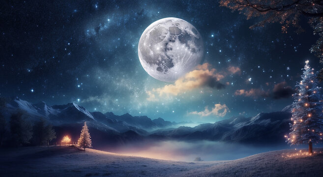 A dreamy and ethereal scene of a starry night sky with a glowing moon and twinkling lights, ideal for a magical background image - AI Generative