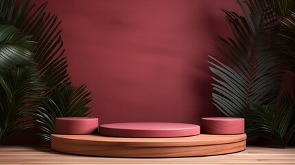 Exhibition podium for a variety of goods in Auburn and  Crimson colors against a tropical background - obrazy, fototapety, plakaty