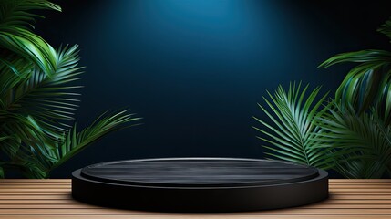 Obraz premium Exhibition podium for a variety of goods in Black and Blue colors against a tropical background