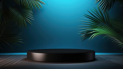 Obraz premium Exhibition podium for a variety of goods in Black and Blue colors against a tropical background