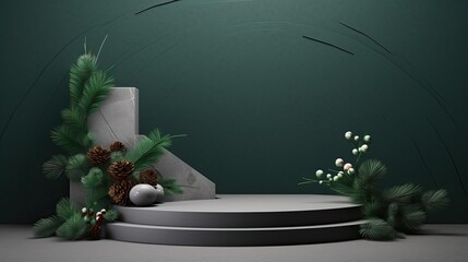 Fototapeta na wymiar Exhibition podium for a variety of goods in Emerald and grey colors against a forest background