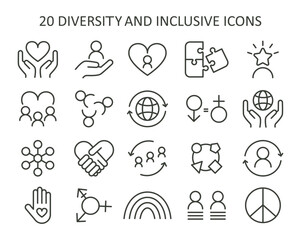 Inclusive society set. A collection of icons representing unity, equality, and support. Celebrating diversity, gender neutrality, and global solidarity. Flat vector illustration.