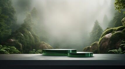 Exhibition podium for a variety of goods in Emerald and grey colors against a  forest  background