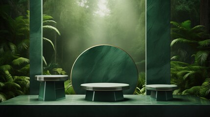 Exhibition podium for a variety of goods in Emerald and grey colors against a  forest  background
