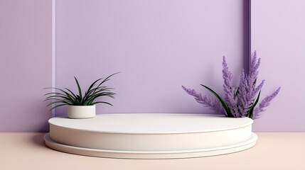 Exhibition podium for a variety of goods in Lavander and Ivory colors against a vegetation  background
