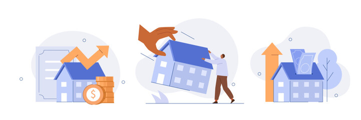 Housing crisis concept illustration. Character not able to pay bank mortgage loan or rent and lose property. Real estate prices rising, inflation and recession metaphor. Vector illustrations set. - obrazy, fototapety, plakaty