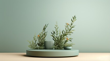 Exhibition podium for a variety of goods in Olive and Mint colors against a vegetation  background - obrazy, fototapety, plakaty