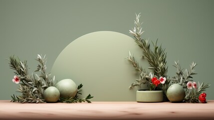 Exhibition podium for a variety of goods in Olive and Mint colors against a vegetation  background