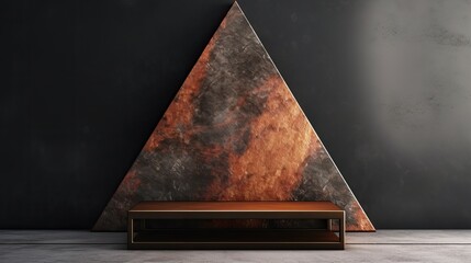 Exhibition podium for a variety of goods in Rust and Black colors against a rock  background