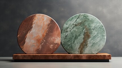 Exhibition podium for a variety of goods in Rust and Emerald colors against a rock  background