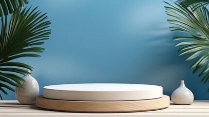 Obraz premium Exhibition podium for a variety of goods in Wite, Azure, blue colors against a tropical background