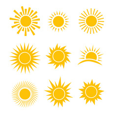 Sun icon vector set. Flat design. Collection of sun stars. Logo or weather icon