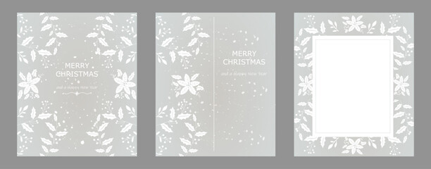 Modern design templates of Christmas, posters, covers set. Trendy minimalist aesthetic with gradient graphic backgrounds.. White  flowers on a grey background.