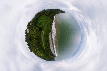 Little planet aerial panoramic view scenic Black Sea coast flora with calm seashore on sunset in...