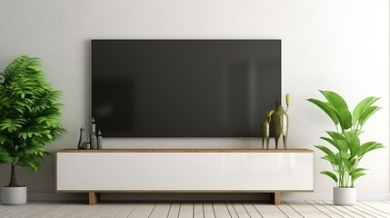 Smart TV hanging on the wall. Blank screen for your design. Generative AI.