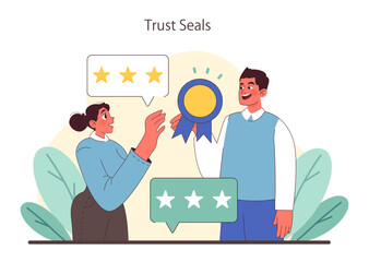 Trust Seals concept. Awarding excellence with verified ratings and accreditation emblems. Consumer confidence through recognized standards. Flat vector illustration.