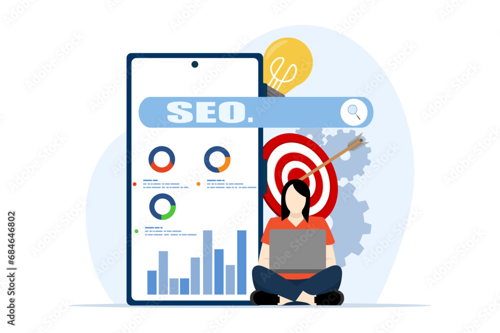 Poster website optimization concept. web analysis and social media marketing seo. businessman analysis and 