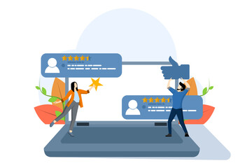 customer review evaluation concept, App rating concept, Client rating, customer feedback and reviews, Users leaving likes and stars, customer satisfaction, Business Success. flat vector illustration.