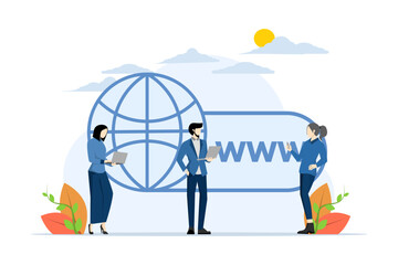World Wide Web concept. World internet search. WWW icon. Tiny people search for information on websites. Modern flat cartoon style. Vector illustration on white background.