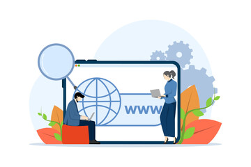 Naklejka premium website optimization concept. web analysis and social media marketing seo. Businessman analysis and monitoring on web report dashboard monitor. SEO analysis team, search engine page ranking.