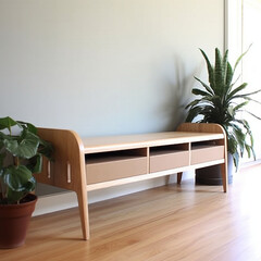 Modern living room interior with wooden sofa and plant. Nobody inside.