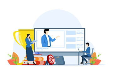 the concept of online education, distance education, seminars and webinars, online classes on the monitor screen, the concept of online courses and tutorials, e-learning. flat vector illustration.