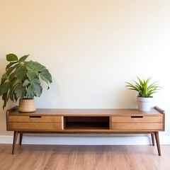 Modern living room interior with wooden sofa and plant. Nobody inside.