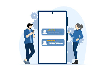 customer review evaluation concept, App rating concept, Client rating, customer feedback and reviews, Users leaving likes and stars, customer satisfaction, Business Success. flat vector illustration.