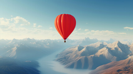 Red Hot Air Balloon Flying over a Mountain Range in the Sky: Beautiful Landscape Background with Copy Space for Valentine's Day Banner or Poster. - Powered by Adobe