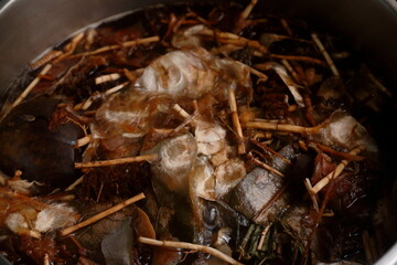 Nearly finished boiling the Chinese herbal juice for internal body heat or internal hot relief. refresh herbal juice. Jab-Liang. At least 10 Chinese herbal are ingredients of Jab-Liang juice. Nearly f
