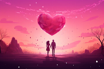 Beautiful Valentine's Day Landscape. Cartoon Illustration Art with Silhouettes of a Couple and a Big Heart Romance Illustration with Copy Space. Perfect for Mother's Day, Women's Day Banner, or poster