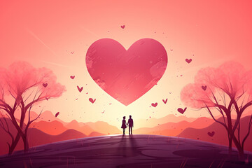 Beautiful Valentine's Day Landscape. Cartoon Illustration Art with Silhouettes of a Couple and a Big Heart Romance Illustration with Copy Space. Perfect for Mother's Day, Women's Day Banner, or poster