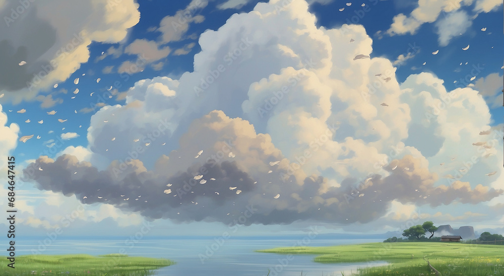 Poster a gentle rain begins to fall from the sky with clouds, creating a serene atmosphere - ai generative