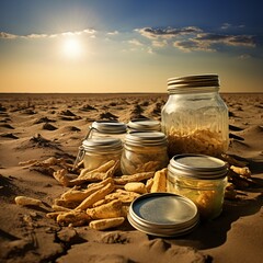 A group of jars filled with food on desert dryland soil. Global food crisis, food shortage conceptual image. - obrazy, fototapety, plakaty
