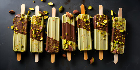 Chocolate Glazed Ice Cream Pops with Pistachio Icing , A Vegan Delight ,Top-View Chocolate Popsicle Drizzled with Pistachios on Dark Textured Background generative AI