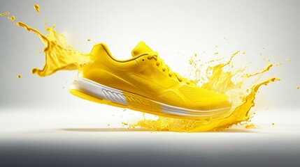 A realistic, up-close shot of a yellow sneaker in motion, highlighting its texture and style on a clean white background - obrazy, fototapety, plakaty