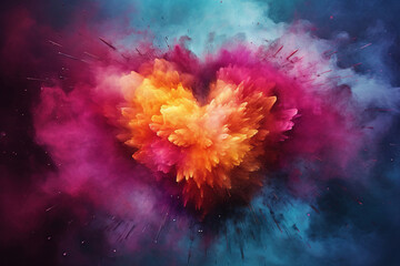 Abstract Colorful Powder Heart Explosion Background. Copy Space for Valentine's Day Banner or Poster.