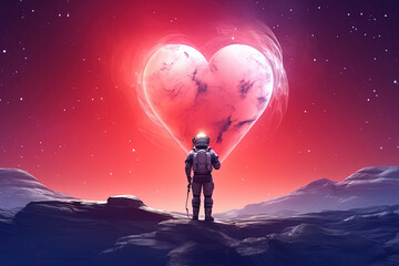 Astronaut with Heart-Shaped Spaceship on the Romantic Planet Background. Copy Space for Valentine's Day Banner or Poster.