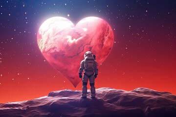 Astronaut with Heart-Shaped Spaceship on the Romantic Planet Background. Copy Space for Valentine's Day Banner or Poster.